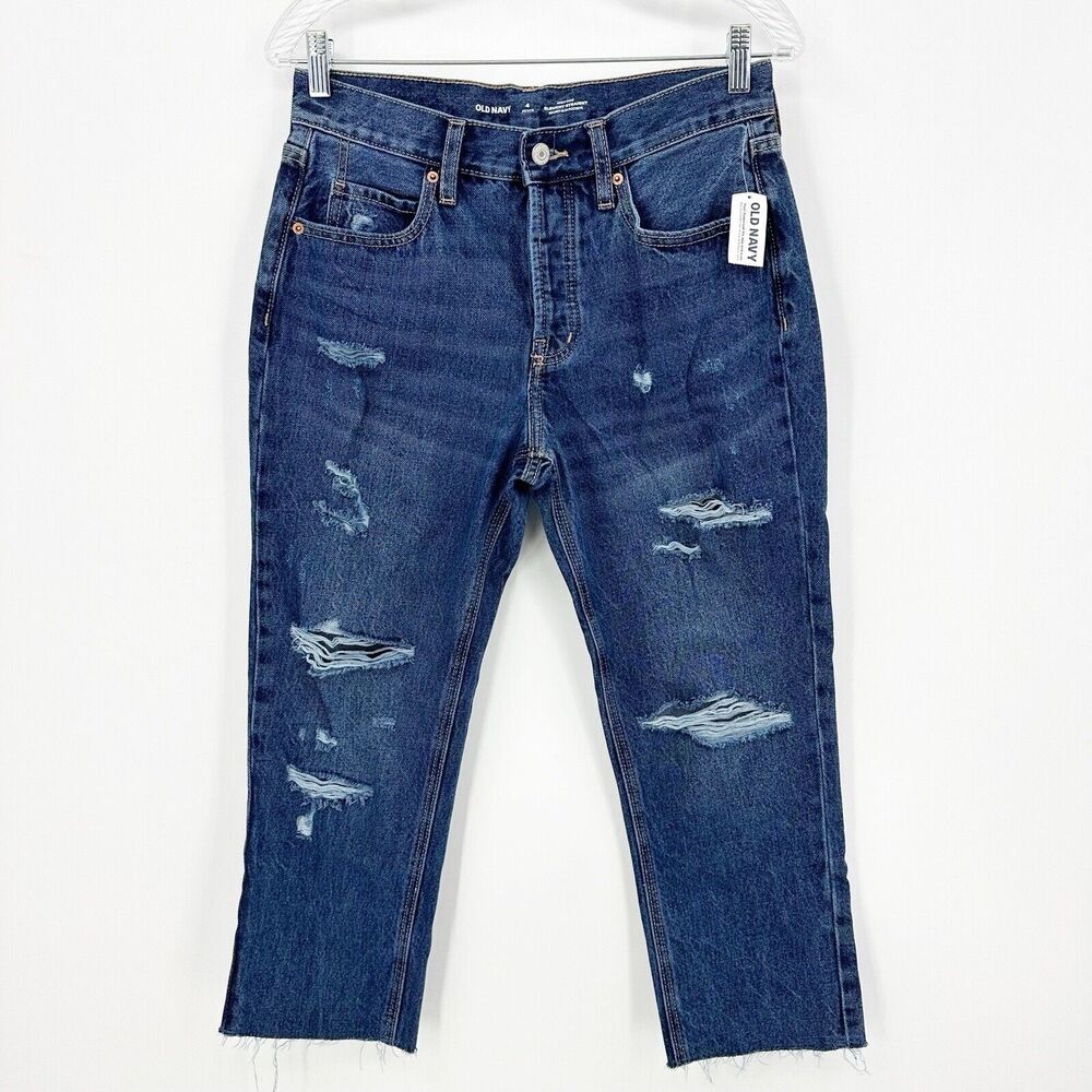 Old Navy Jeans Size 4 Petite Women Slouchy Straight High Rise Raw Hem Button Fly